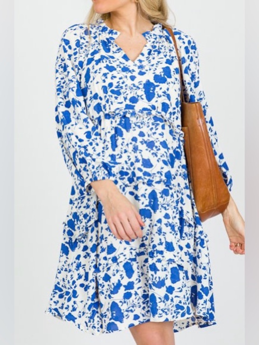 Blue Floral V-Neck Tiered Women’s Dress